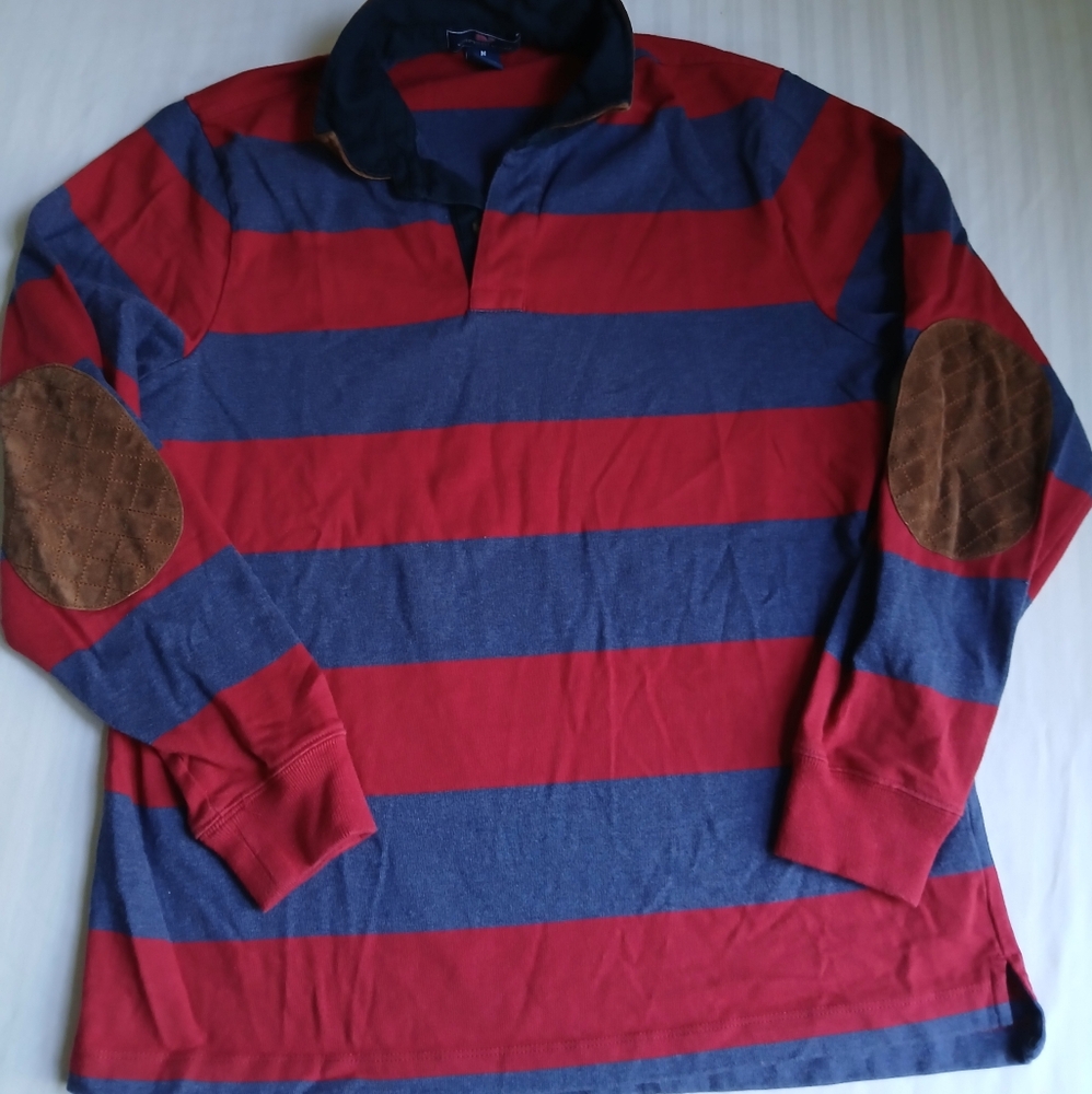 Vineyard Vines Shirt Medium Mens Rubgy Leather Arm Patch Striped Cotton